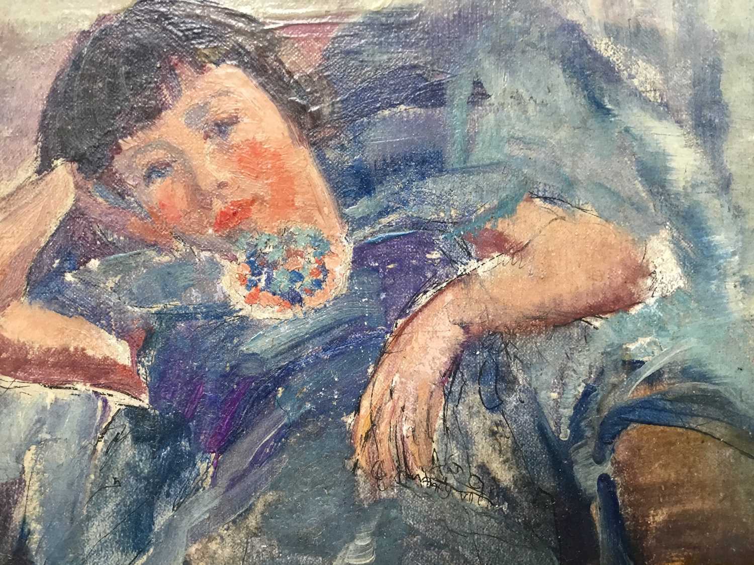Amy Millar Watt (1900-1956) oil on canvas laid down onto board - girl seated, 16cm x 19cm, framed - Image 4 of 4