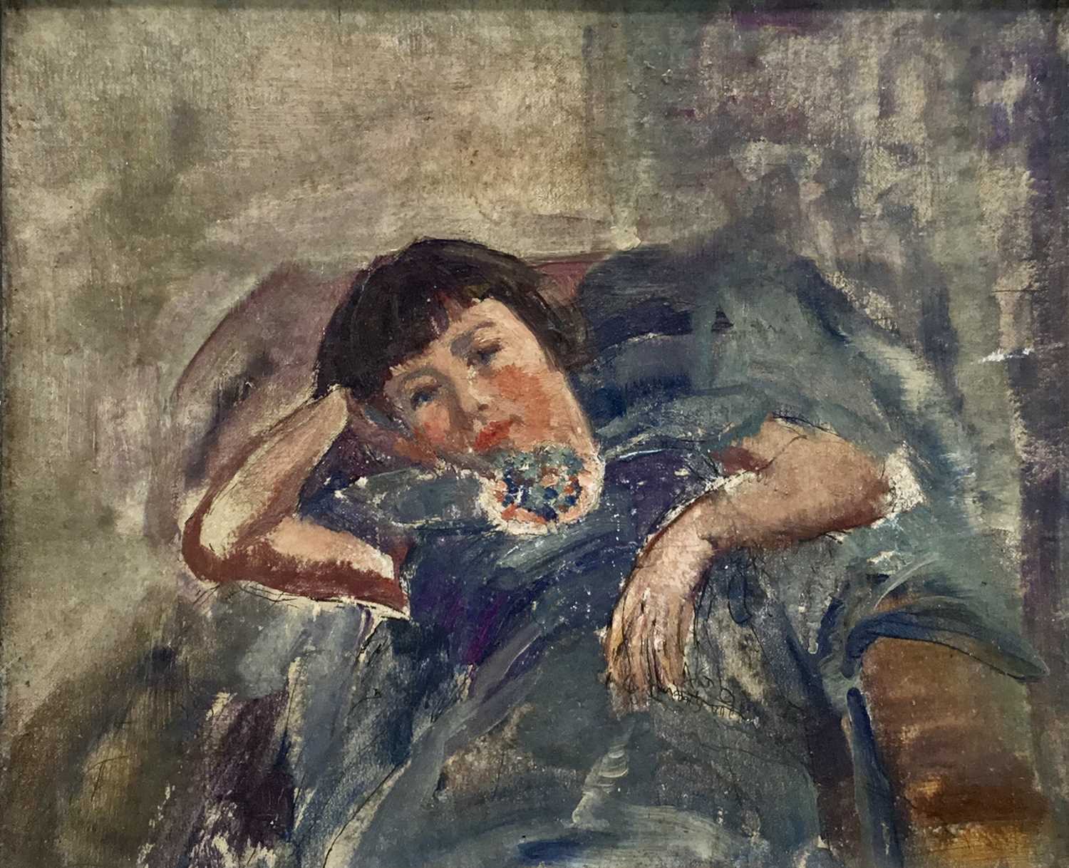 Amy Millar Watt (1900-1956) oil on canvas laid down onto board - girl seated, 16cm x 19cm, framed