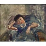 Amy Millar Watt (1900-1956) oil on canvas laid down onto board - girl seated, 16cm x 19cm, framed