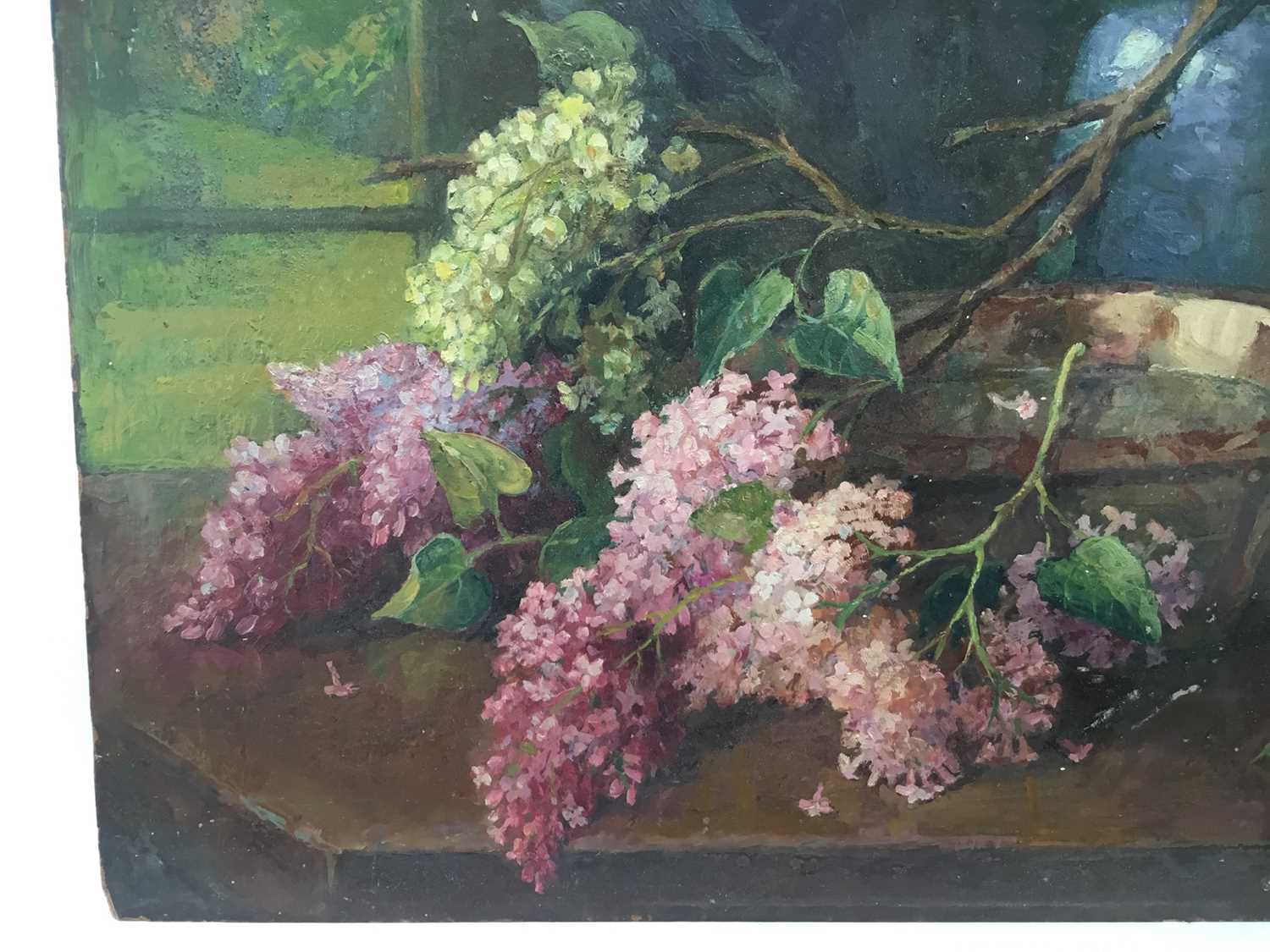 Evalina Eleanor Warden (1873-1977) oil on board - 'Lilac Time' signed twice and dated '59, 40cm x 46 - Image 7 of 10