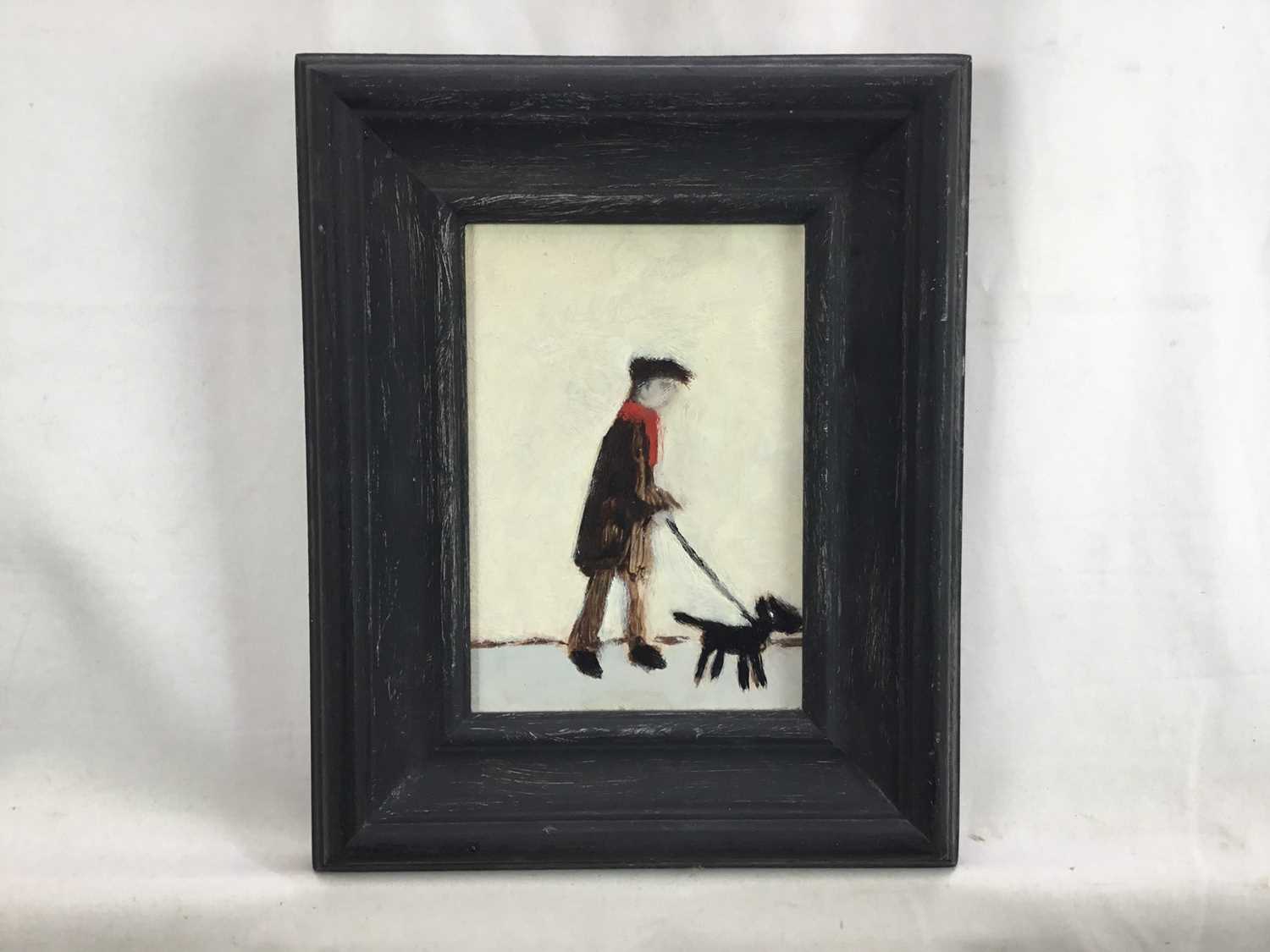 After LS Lowry by Peter McCarthy, oil on board - Walking the dog, 16cm x 11cm, framed - Image 3 of 3