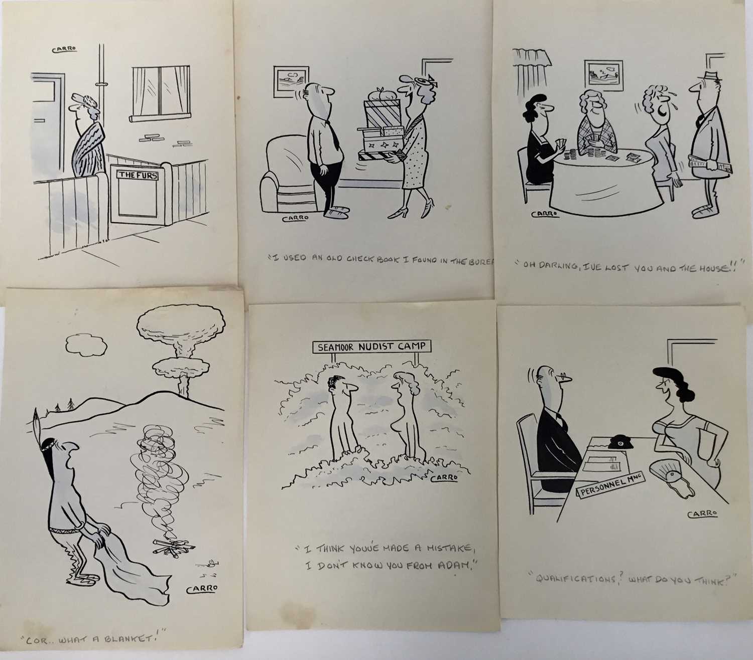 Collection of original pen and ink illustrations by Carro (possibly for a Chelmsford newspaper), eac