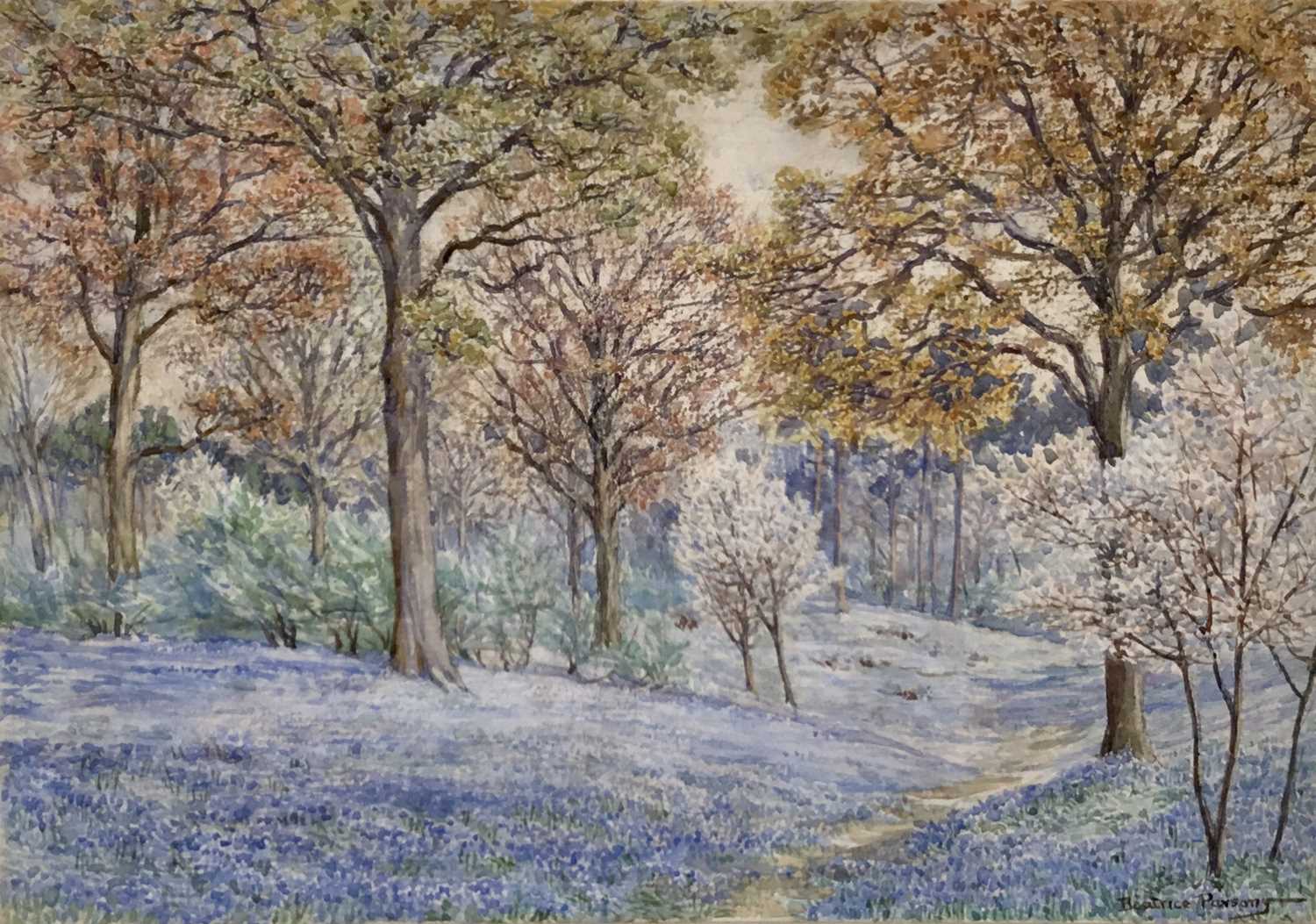 Beatrice Parsons (1870-1955), watercolour - Bluebells in a Hertfordshire wood