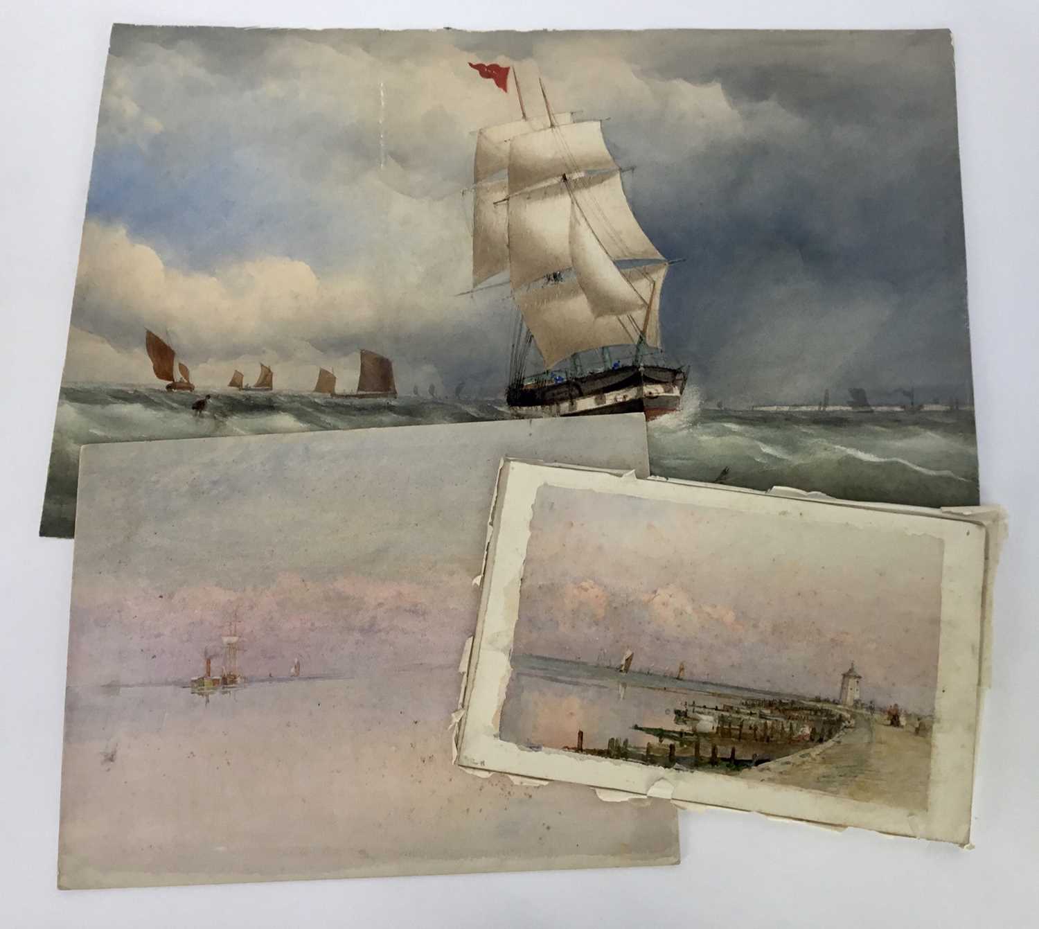 English School, early 20th century - Harwich pier and lighthouse, together with two further marine w