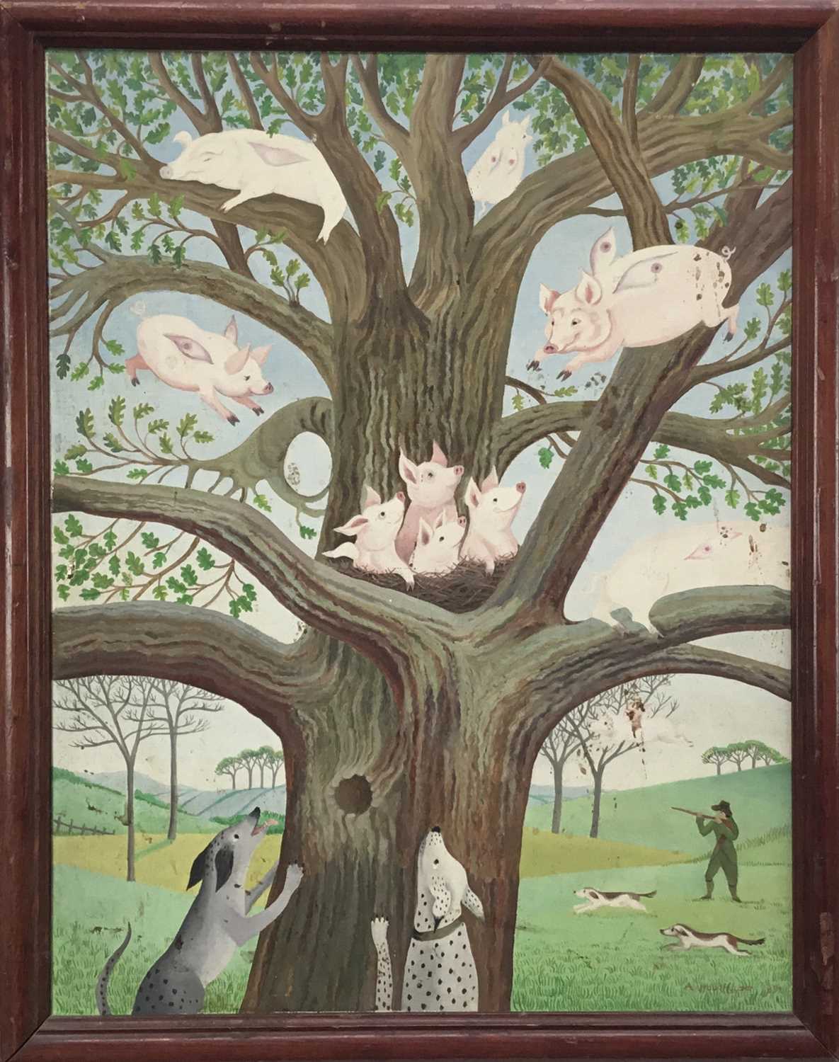 English school, 20th century, oil on canvas - Pigs might fly..