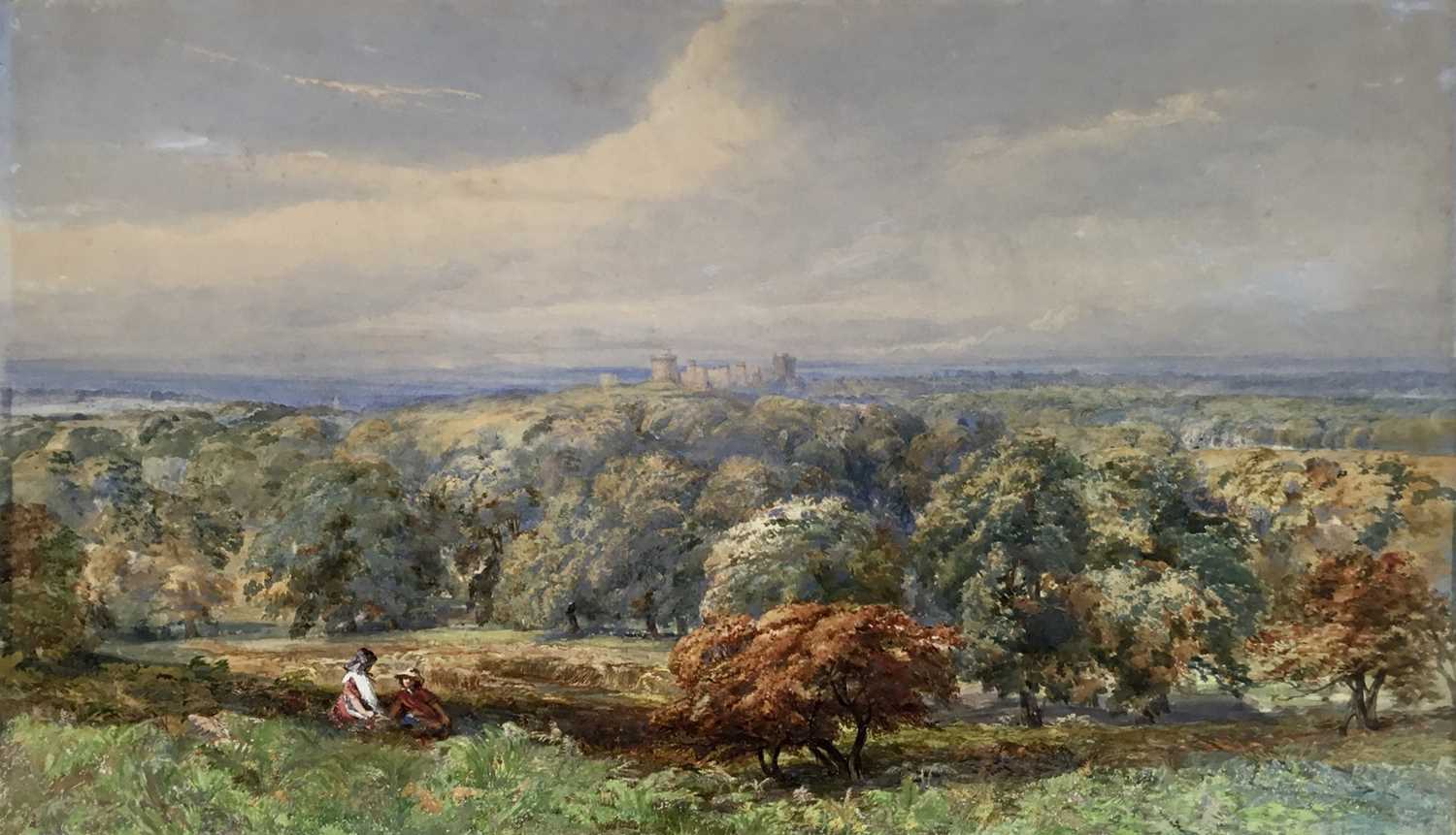 19th century watercolour, figures in an extensive landscape before Windsor castle