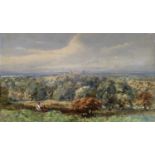 19th century watercolour, figures in an extensive landscape before Windsor castle