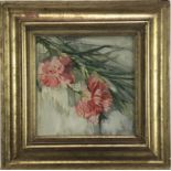 Oil on canvas of flowers, indistinctly signed, 23cm x 24cm, in gilt frame
