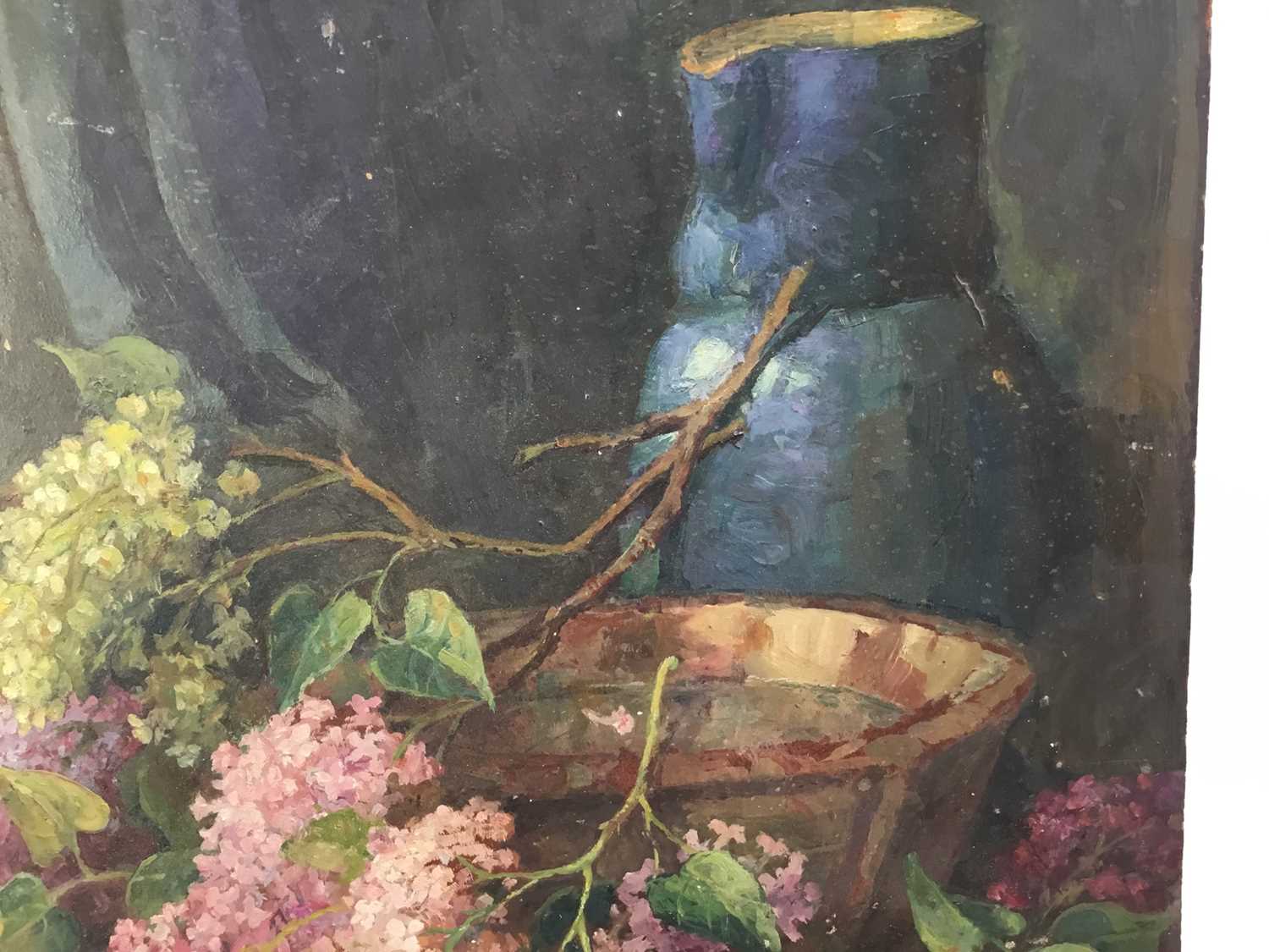 Evalina Eleanor Warden (1873-1977) oil on board - 'Lilac Time' signed twice and dated '59, 40cm x 46 - Image 6 of 10