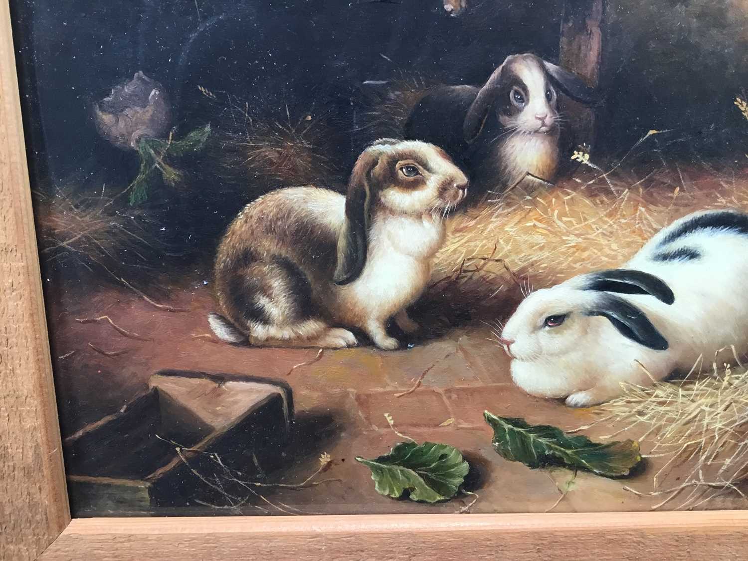 20th century English School, oil on board, Four Lop Eared Bunnies in a barn, in wooden frame, 19 x 2 - Image 5 of 7