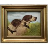 Henry Percy, oil on board, two Fox Hounds in a field, signed, in gilt frame, 14 x 19cm