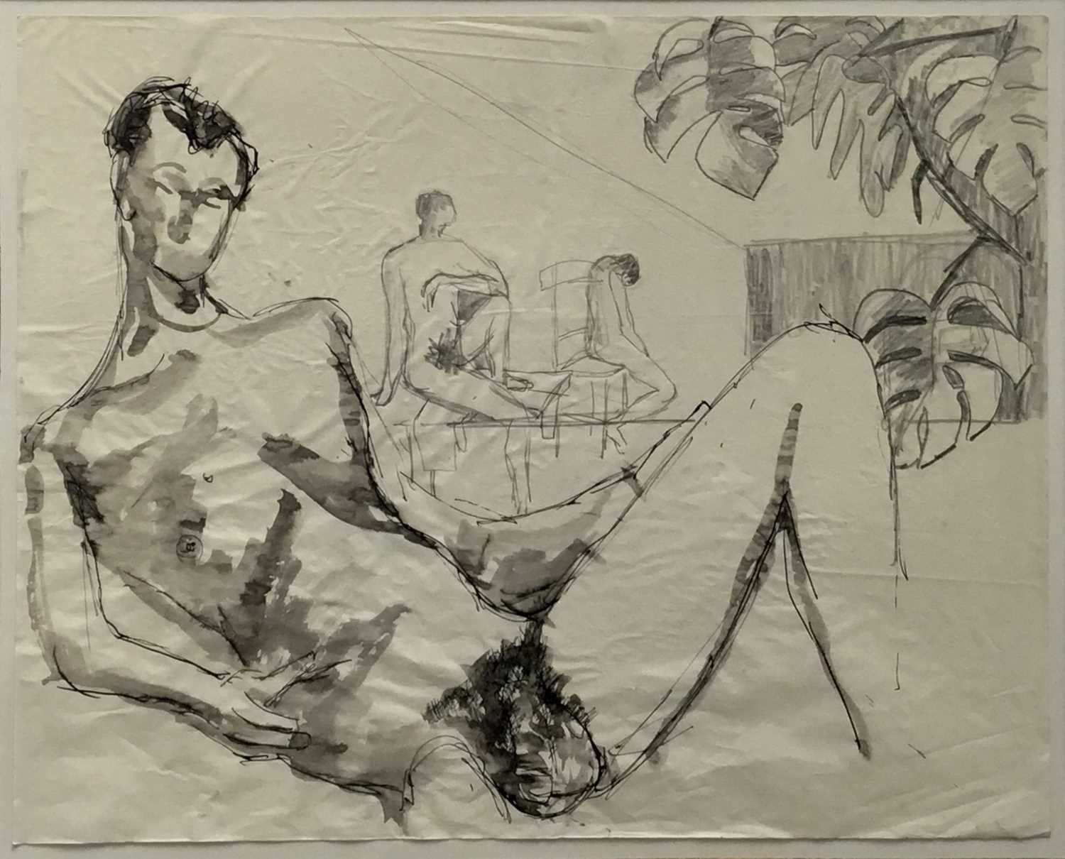 Modern British School pen wash and pencil - male nudes, 40cm x 50cm, in glazed frame