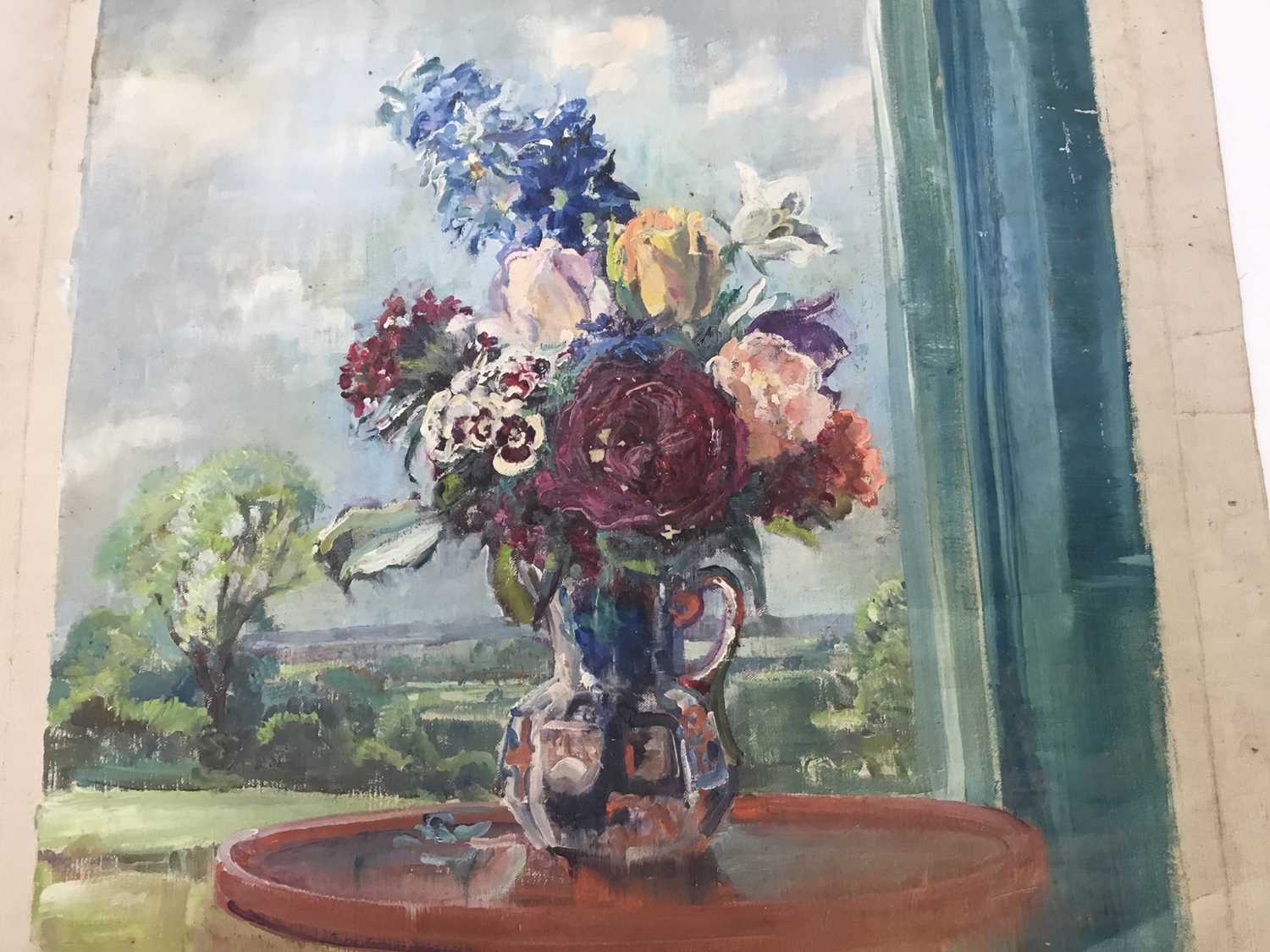 Amy Watt (1900-1956) oil on canvas (unstretched) still life of flowers before a landscape - Image 5 of 8