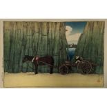 Japanese woodblock depicting horse and carriage, not laid down, drop mounted top corners, unframed