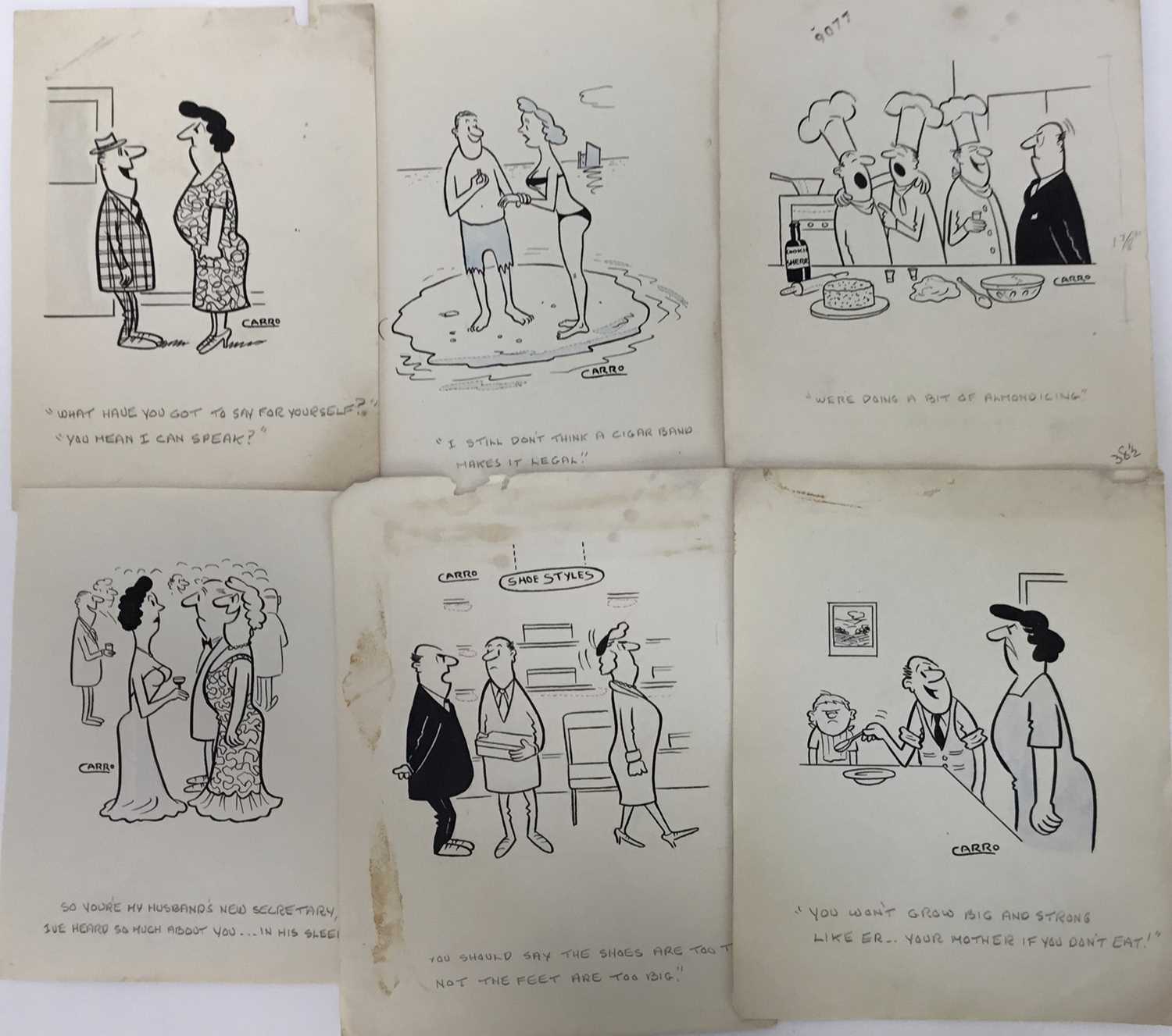 Collection of original pen and ink illustrations by Carro (possibly for a Chelmsford newspaper)