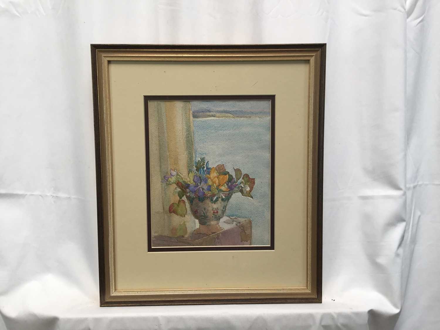 Amy Watt (1900-1956) watercolour - bowl of flowers before a coastal landscape - Image 2 of 4