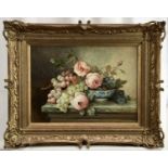 M.H. Wenn, oil on board, still life of grapes and flowers in a bowl on a marble table top, signed, i