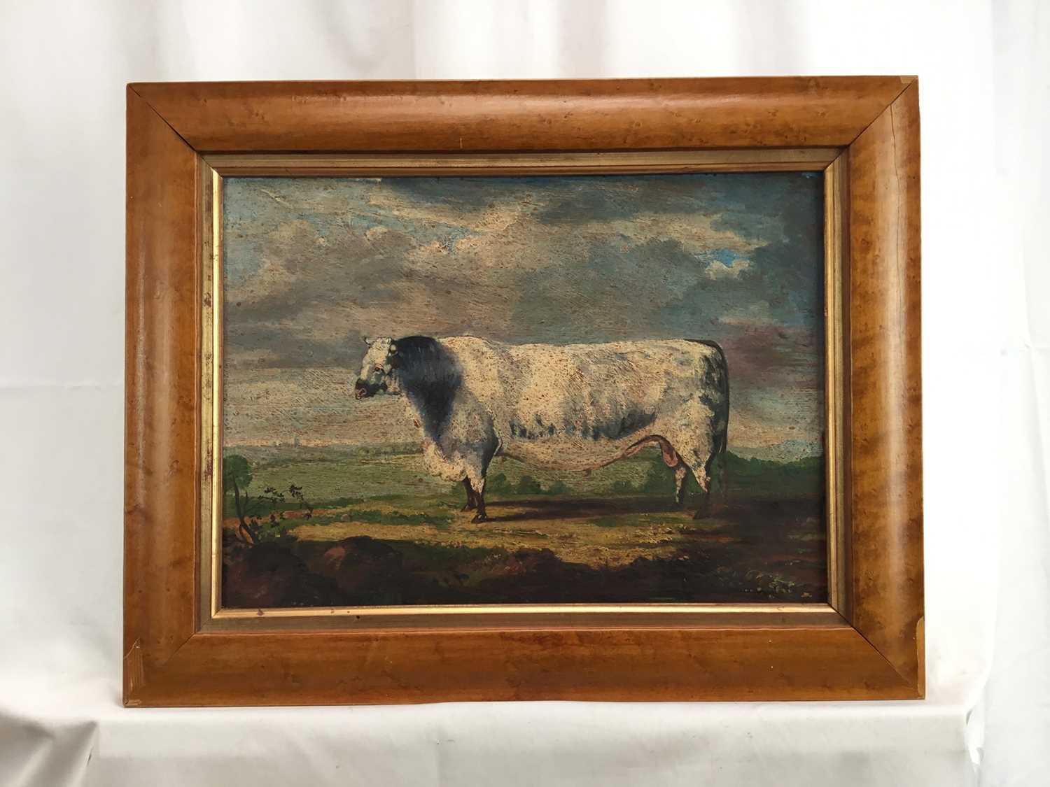 English School, oil on panel, naïve of a bull in a landscape, in maple frame, 29 x 39cm - Image 2 of 4