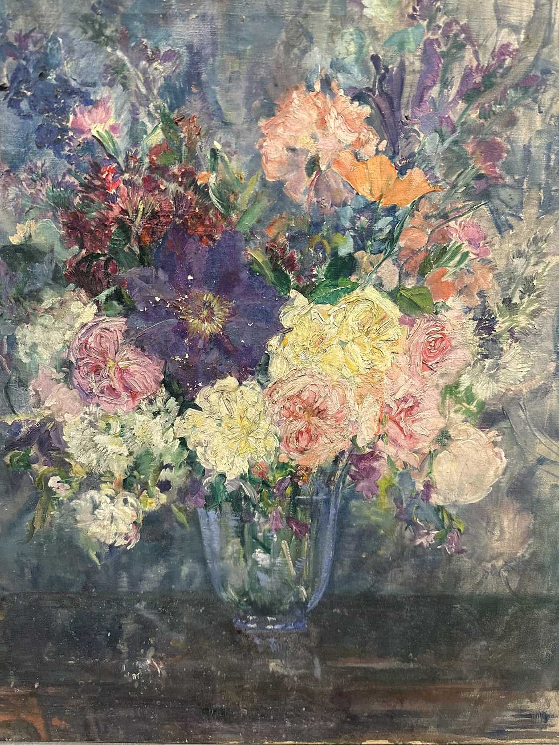 Amy Watt (1900-1956) oil on canvas, still life of flowers in a glass vase, 60 x 60cm - Bild 4 aus 7