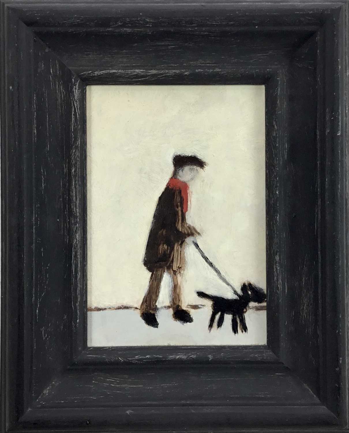 After LS Lowry by Peter McCarthy, oil on board - Walking the dog, 16cm x 11cm, framed
