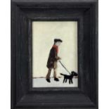 After LS Lowry by Peter McCarthy, oil on board - Walking the dog, 16cm x 11cm, framed