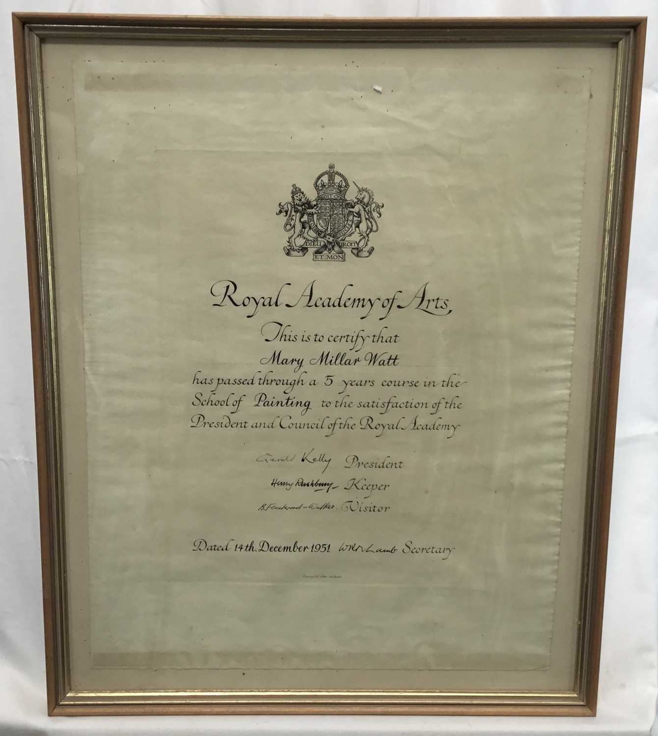 Mary Millar Watt (1924-2023) Royal Academy certificate, together with two medals and various miniatu - Image 2 of 13