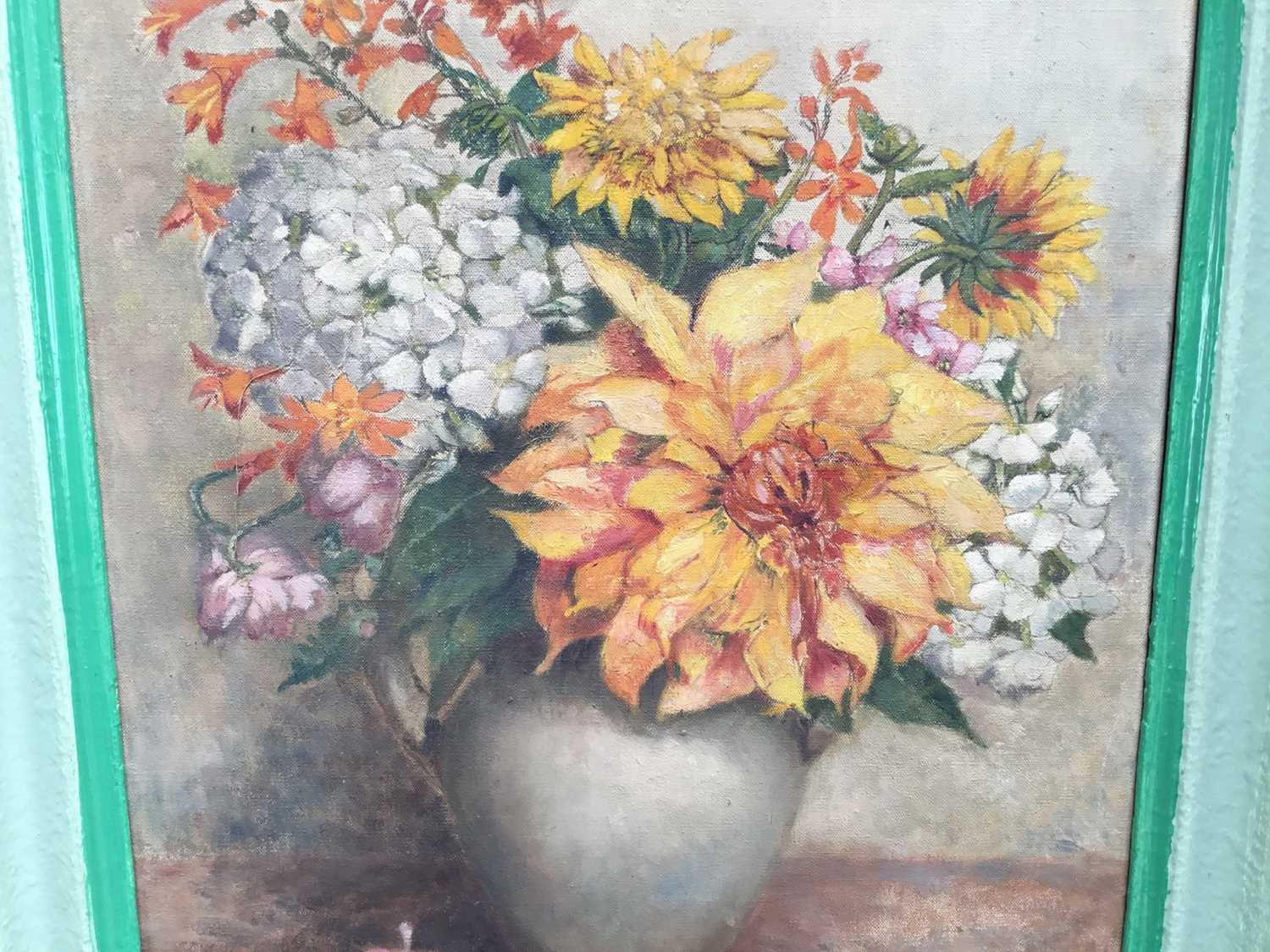 20th Century oil on canvas, vase of flowers, partial label verso - Image 5 of 9