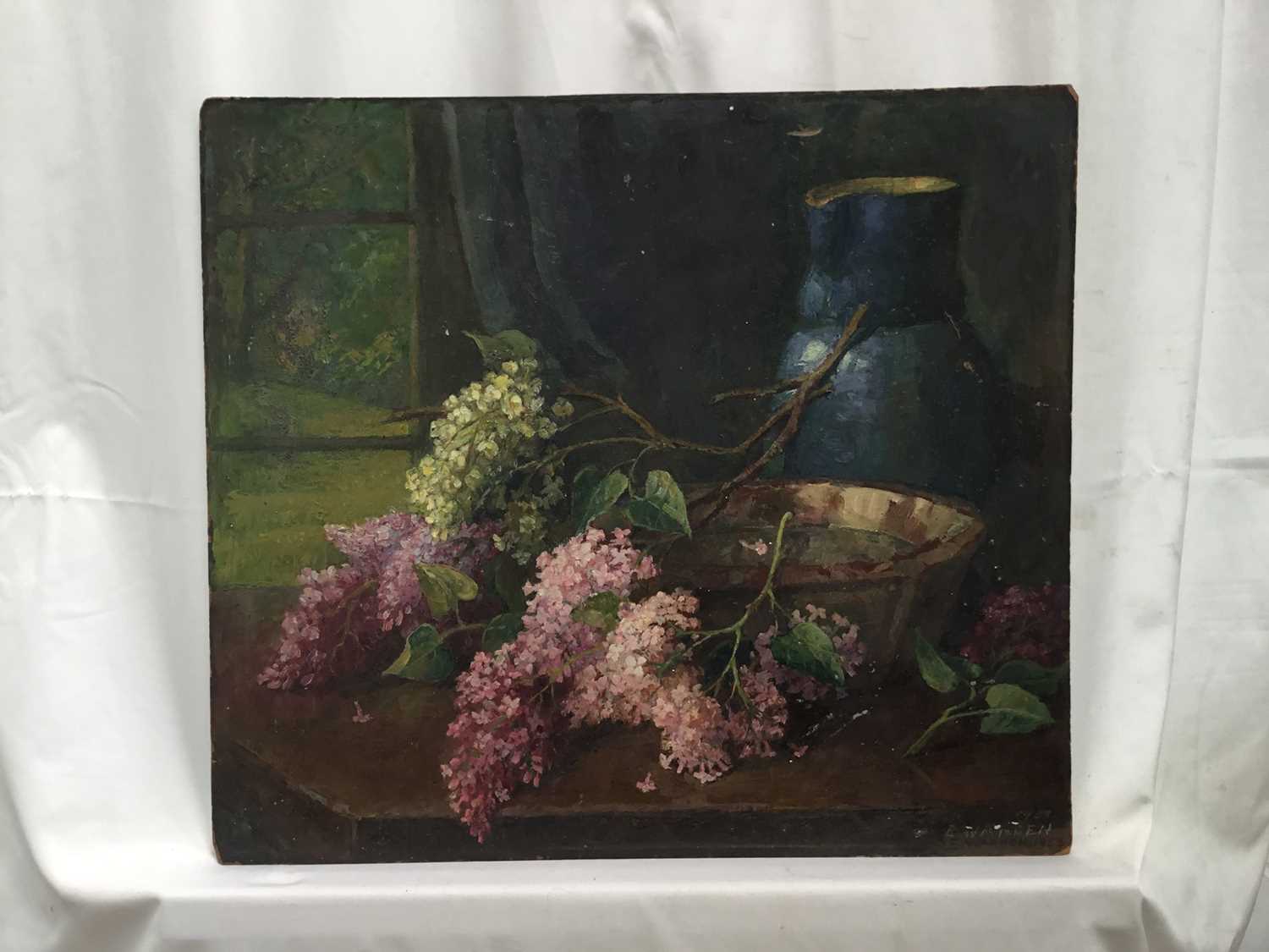 Evalina Eleanor Warden (1873-1977) oil on board - 'Lilac Time' signed twice and dated '59, 40cm x 46 - Image 2 of 10