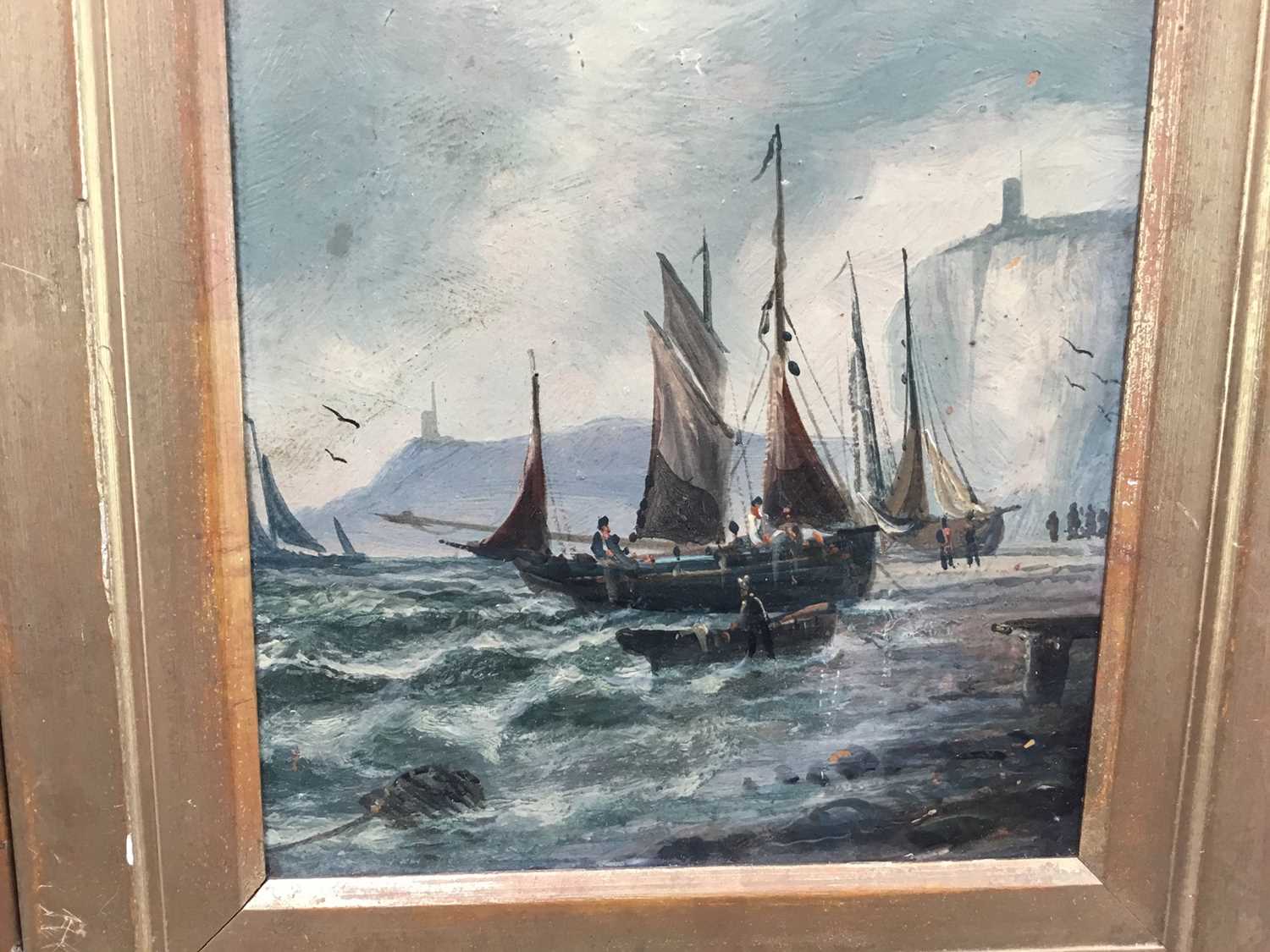 English School 19th century, oils on board, fishing vessel beached by cliffs, and a sailing barge at - Image 3 of 7