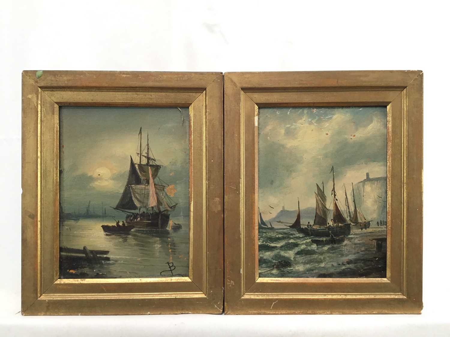 English School 19th century, oils on board, fishing vessel beached by cliffs, and a sailing barge at - Image 2 of 7