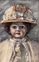Elizabeth Sorrell (1915-1991) watercolour, doll, signed and dated 1983, 18 x 12cm, glazed frame