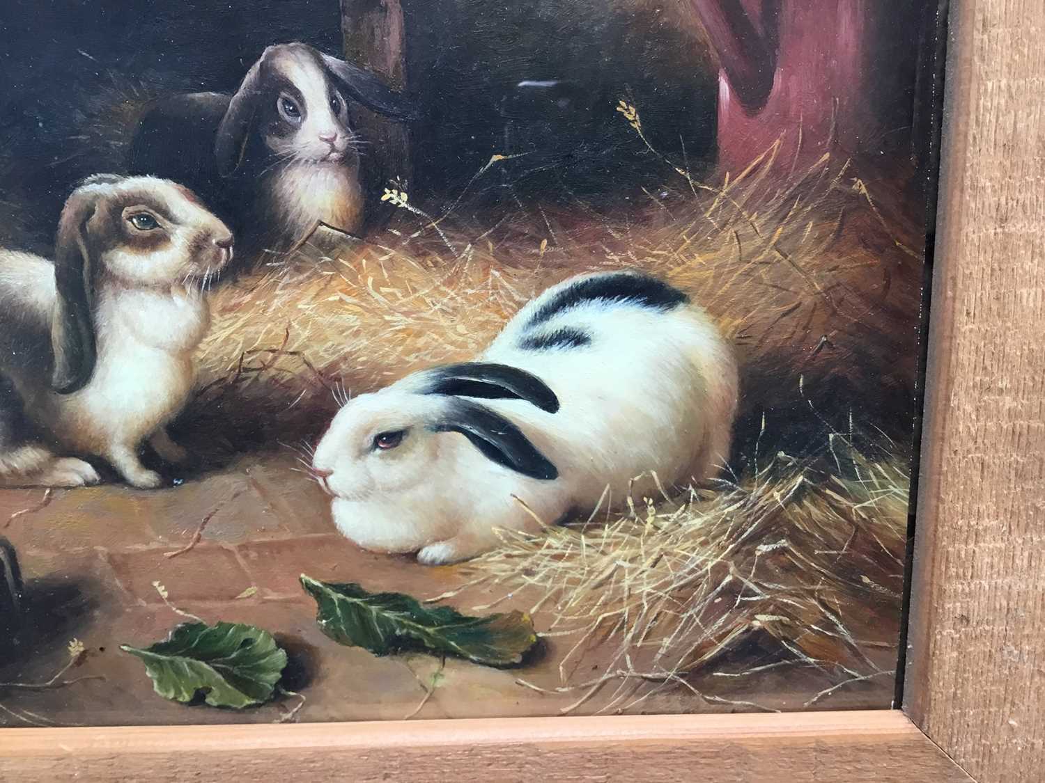 20th century English School, oil on board, Four Lop Eared Bunnies in a barn, in wooden frame, 19 x 2 - Image 6 of 7