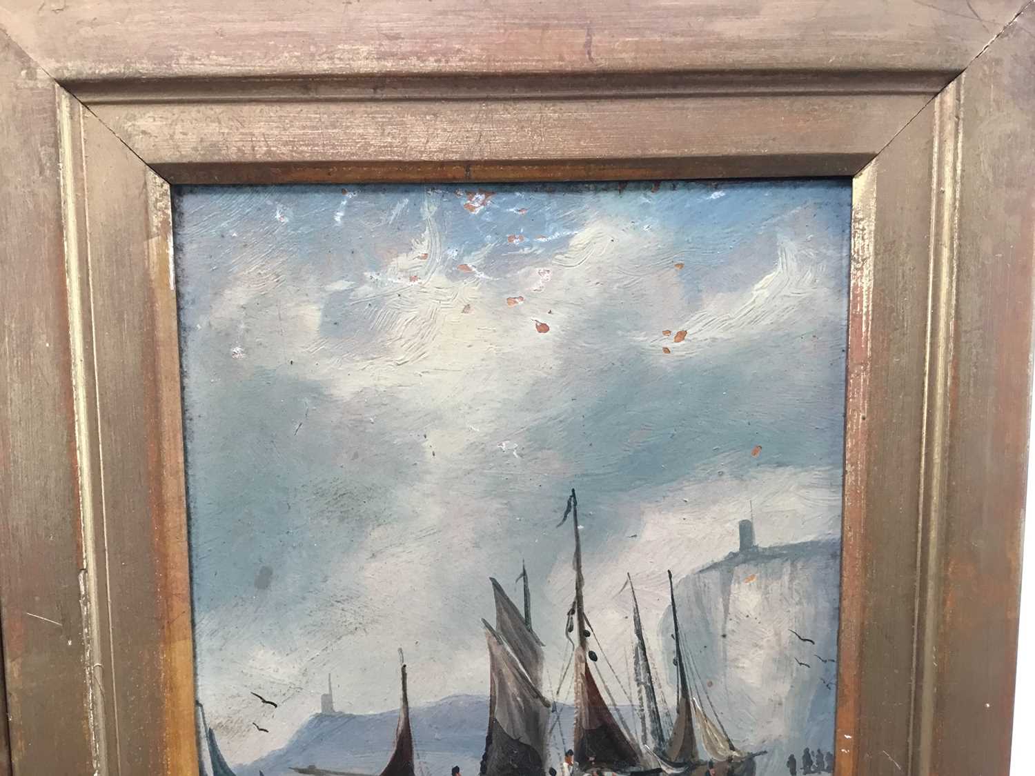 English School 19th century, oils on board, fishing vessel beached by cliffs, and a sailing barge at - Image 4 of 7