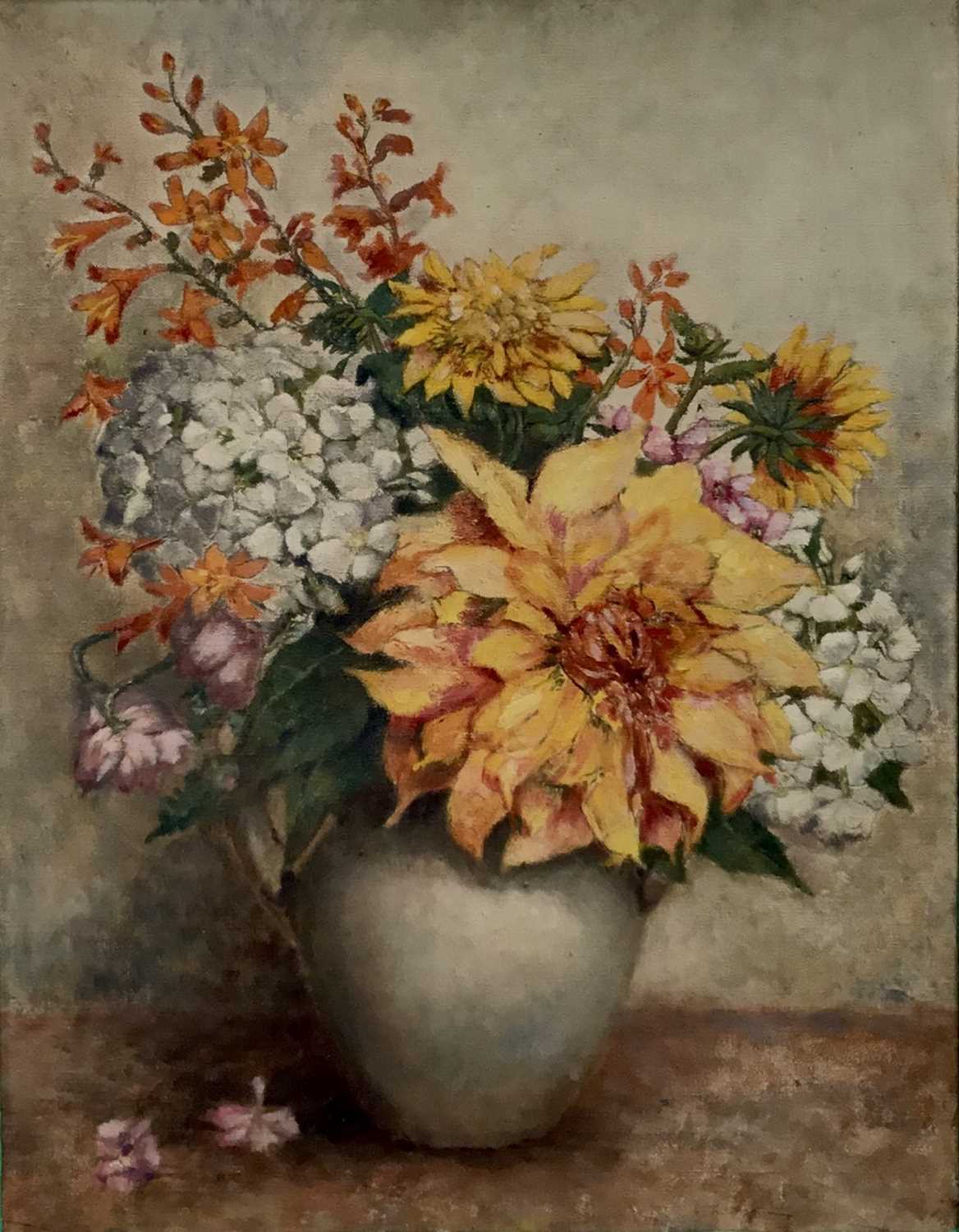 20th Century oil on canvas, vase of flowers, partial label verso