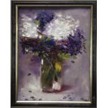 Jasmine Holme, oil on canvas, Lilac flowers in a vase, signed, in painted frame, 35 x 27cm