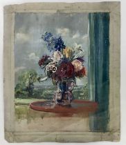 Amy Watt (1900-1956) oil on canvas (unstretched) still life of flowers before a landscape