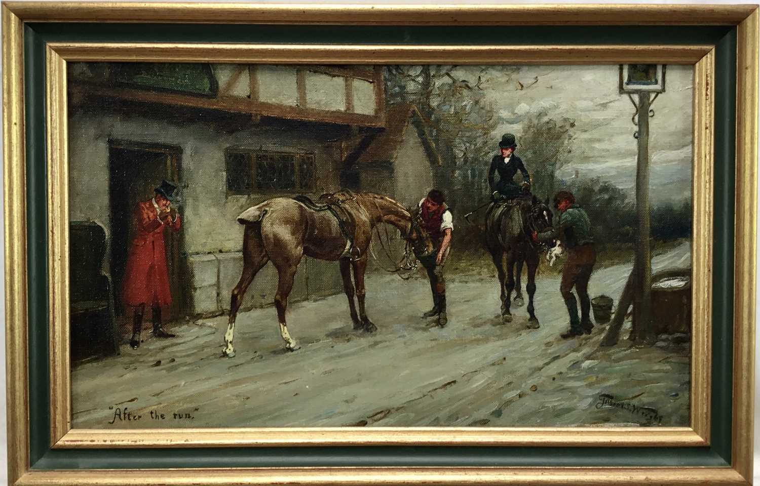 Filbert S. Wright 19th century, oil on canvas, "After the Run", huntsmen and horses by an inn, sign