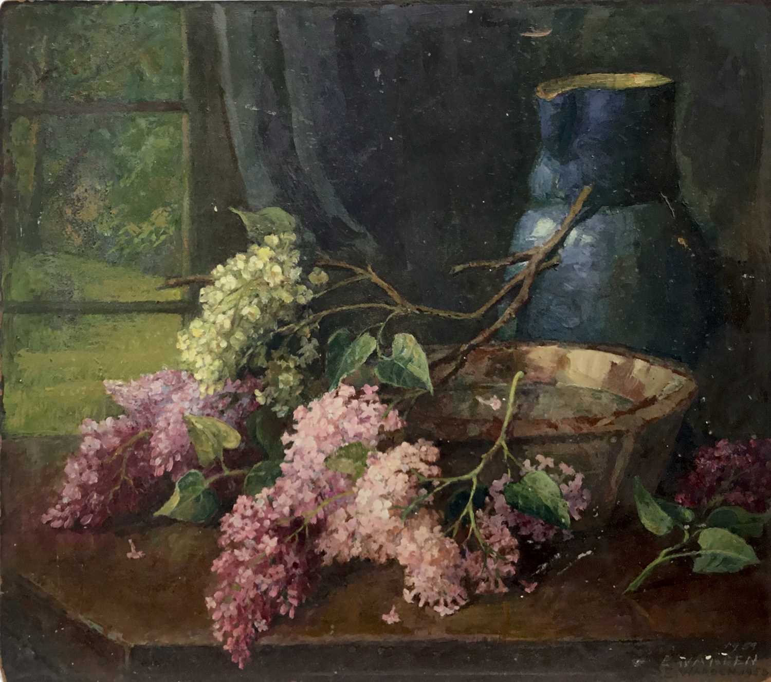 Evalina Eleanor Warden (1873-1977) oil on board - 'Lilac Time' signed twice and dated '59, 40cm x 46