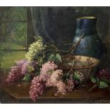 Evalina Eleanor Warden (1873-1977) oil on board - 'Lilac Time' signed twice and dated '59, 40cm x 46