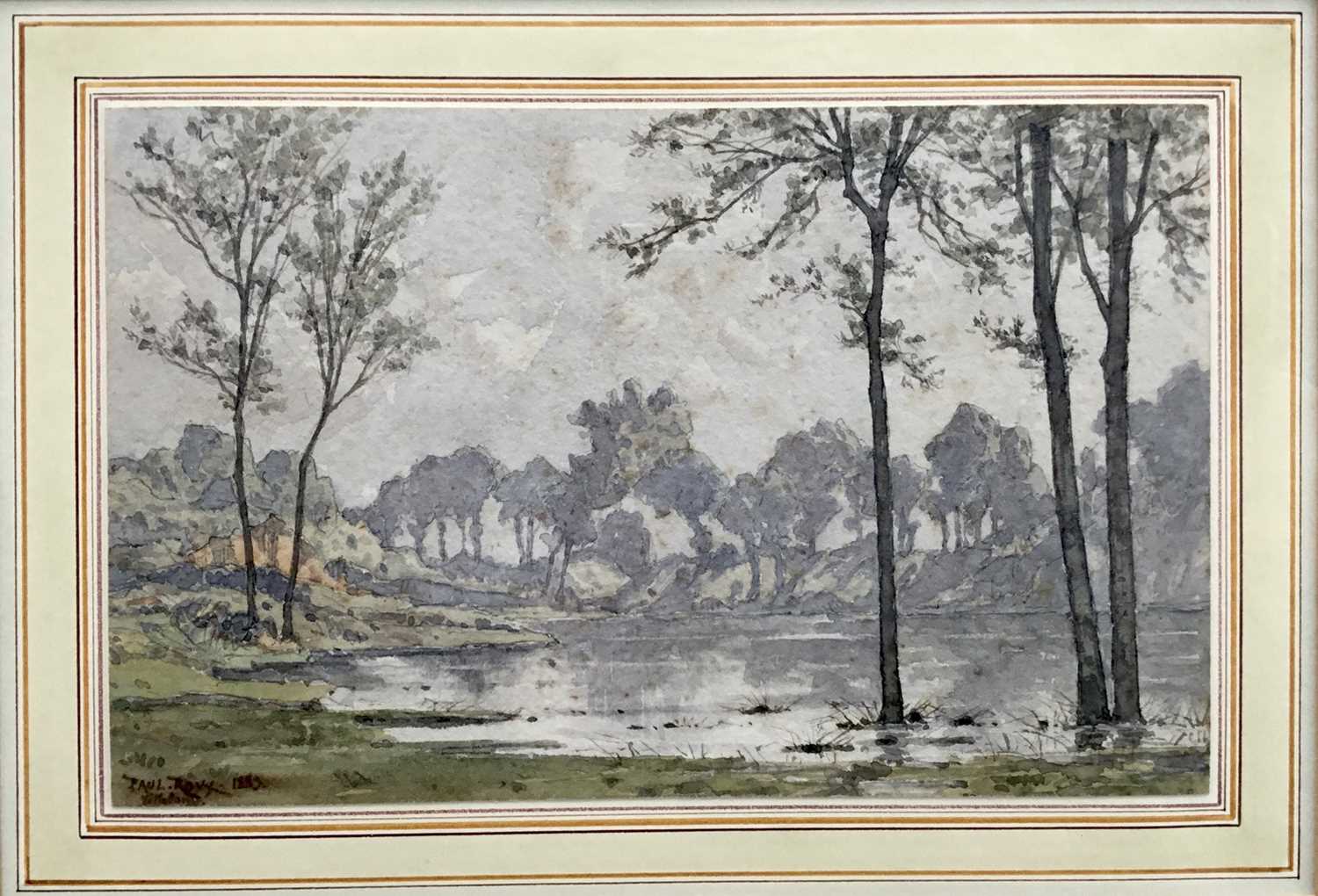 Paul Louis Joseph Roux watercolour, Trees by a pool, signed and dated 1883