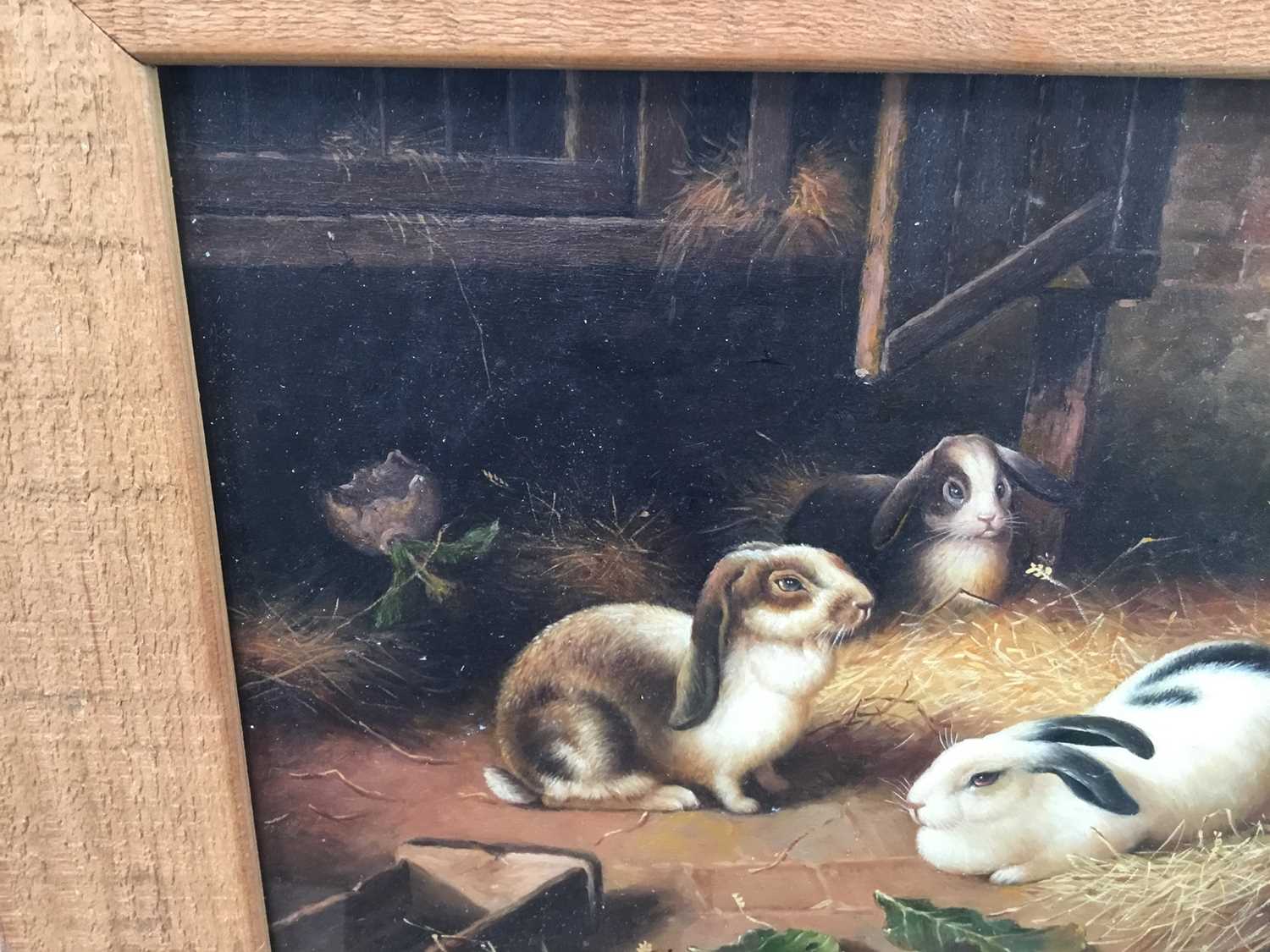 20th century English School, oil on board, Four Lop Eared Bunnies in a barn, in wooden frame, 19 x 2 - Image 7 of 7