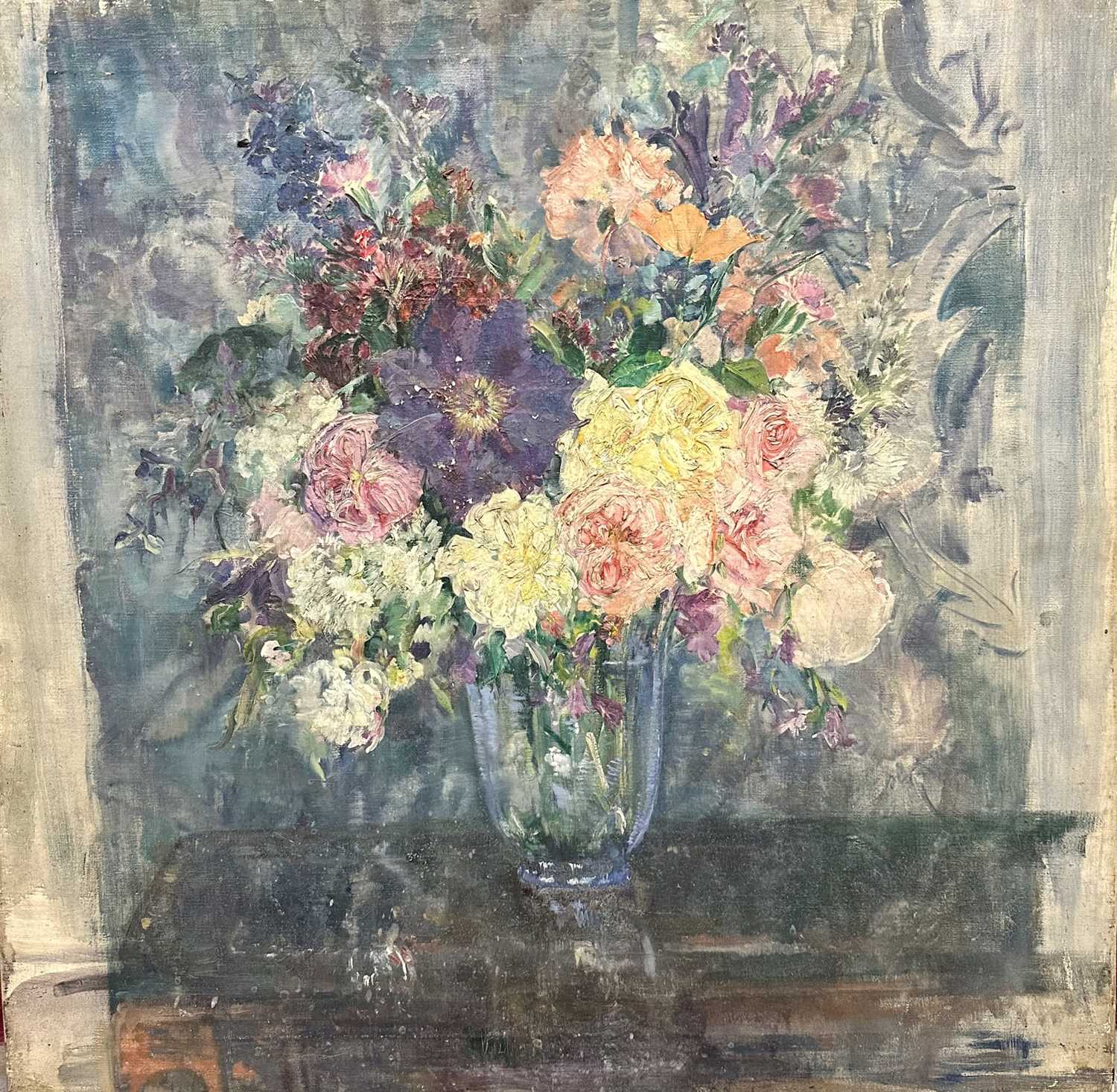 Amy Watt (1900-1956) oil on canvas, still life of flowers in a glass vase, 60 x 60cm