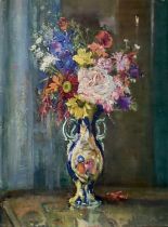 Amy Millar Watt (1900-1956) oil on canvas, Flowers in a Swansea vase, 40 x 30cm unframed