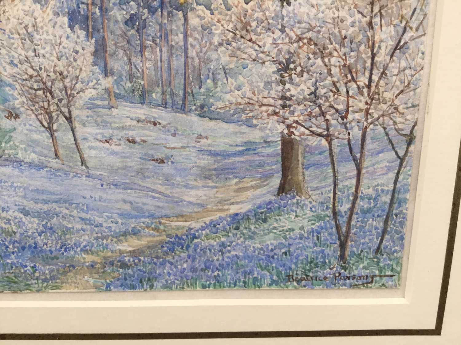 Beatrice Parsons (1870-1955), watercolour - Bluebells in a Hertfordshire wood - Image 3 of 4