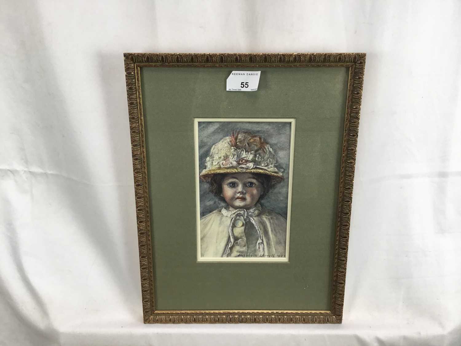 Elizabeth Sorrell (1915-1991) watercolour, doll, signed and dated 1983, 18 x 12cm, glazed frame - Image 3 of 4