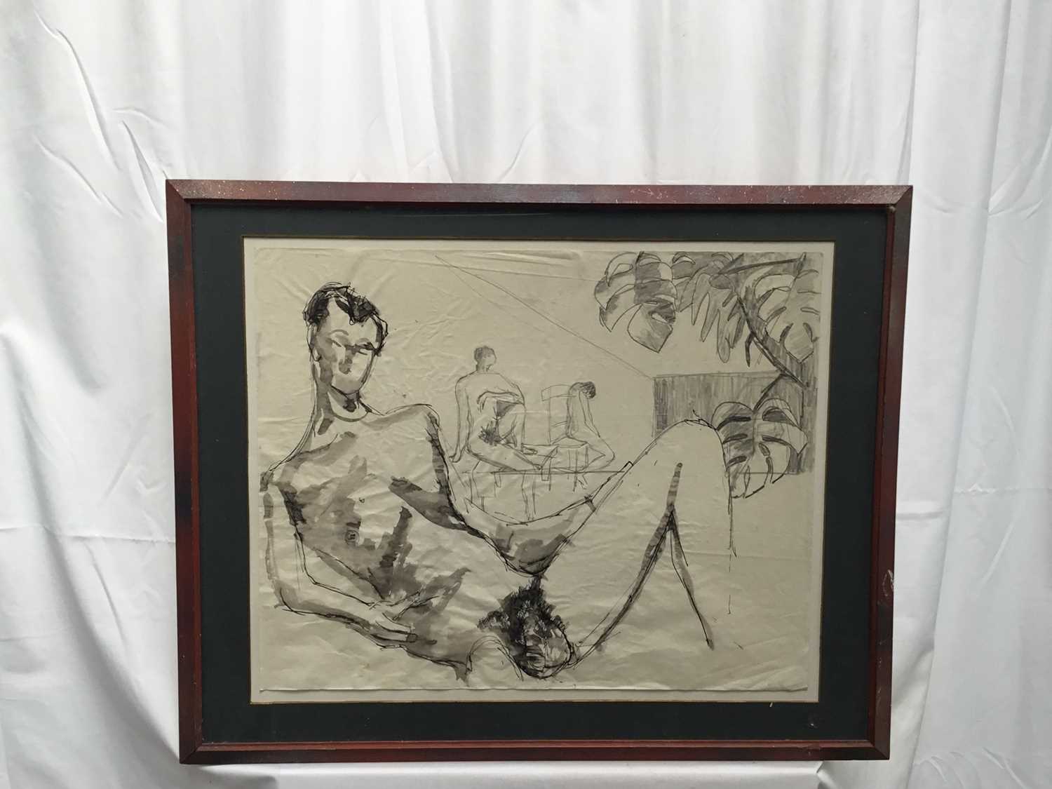 Modern British School pen wash and pencil - male nudes, 40cm x 50cm, in glazed frame - Image 2 of 3