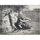 After Jean Francois Millet etching circa 1880 Death and the Woodcutter, 14cm x 18cm, in glazed frame
