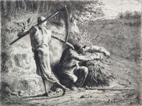 After Jean Francois Millet etching circa 1880 Death and the Woodcutter, 14cm x 18cm, in glazed frame