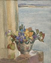 Amy Watt (1900-1956) watercolour - bowl of flowers before a coastal landscape