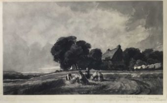 Frank Short (1857-1945) mezzotint - harvest scene, together with an etching by Charles Baskett of HM